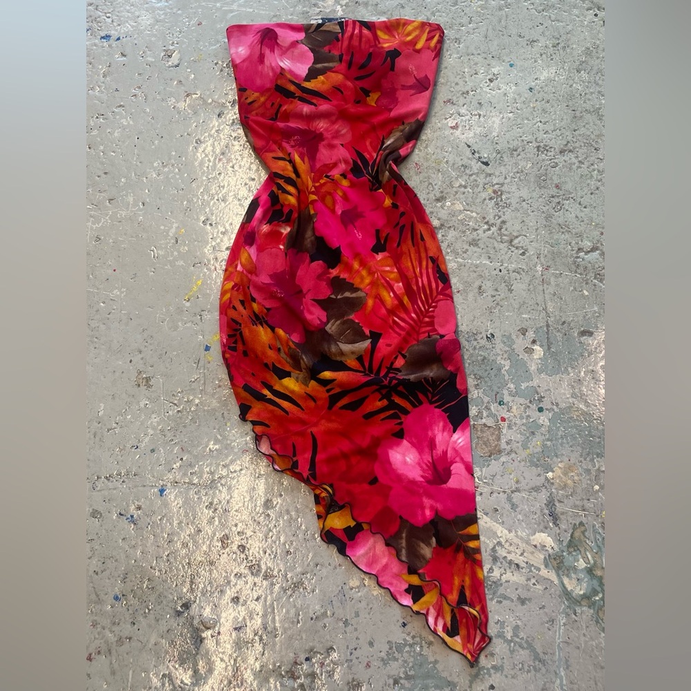 Y2K Cache Strapless Tropical Hibiscus High Low Handkerchief Hem Dress S